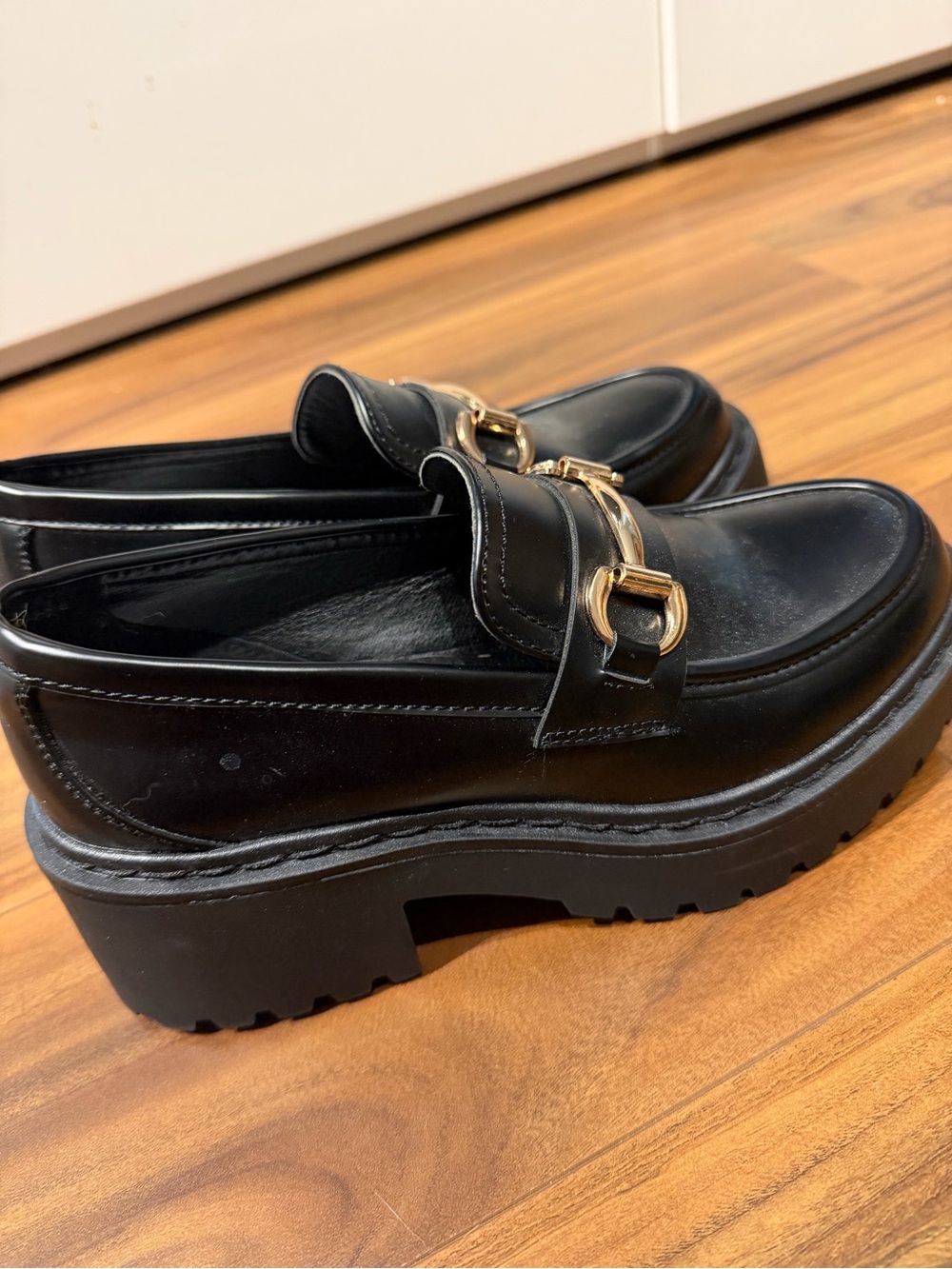 Steve Madden Black Platform Loafers with Gold Buckle Hardware